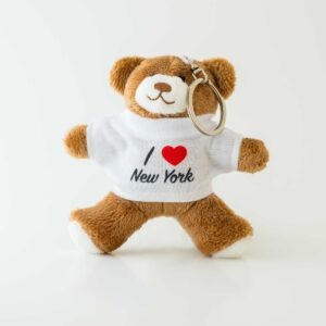 i love new york teddy keyring, Soft brown keyring teddy bear with printed shirt 'I Love New York' text, New York Gift product, New York souvenir