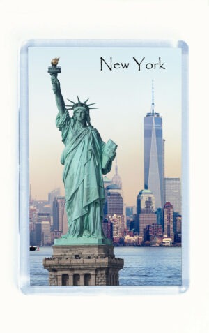 New York Fridge Magnet Statue of Liberty & Freedom Tower, Plastic Fridge Magnet with a photograph of the Statue of Liberty with Freedom Tower in the background, New York Magnet, New York souvenir