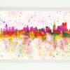 NY pano magnet manhattan pink splash, Plastic New York panoramic fridge magnet with watercolour painting of New York skyline, Statue of Liberty, Empire State Building, Chrysler Building, Louisa E. Taylor