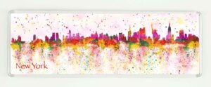 NY pano magnet manhattan pink splash, Plastic New York panoramic fridge magnet with watercolour painting of New York skyline, Statue of Liberty, Empire State Building, Chrysler Building, Louisa E. Taylor