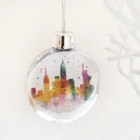 New York Christmas Bauble Plastic green watercolour of NY Skyline, New York plastic Christmas Bauble, watercolour paintings of New York, Empire State building, Statue of Liberty, New York skyline, Manhattan, New York artwork, New York painting, Louisa E. Taylor, Trump, USA