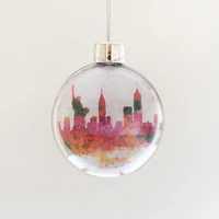 New York Christmas Bauble Plastic red watercolour of NY Skyline - Images On New York Christmas Bauble Plastic green watercolour of NY Skyline, New York plastic Christmas Bauble, watercolour paintings of New York, Empire State building, Statue of Liberty, New York skyline, Manhattan, New York artwork, New York painting, Louisa E. Taylor, Trump, USA