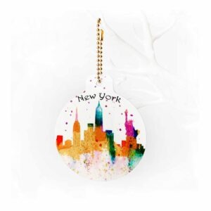 New York Christmas Bauble Metal green watercolour of NY Skyline, New York metal Christmas bauble, watercolour paintings of New York, Empire State Building, Statue of Liberty, New York skyline, Manhattan, New York artwork, New York painting, Louisa E. Taylor, Trump, USA