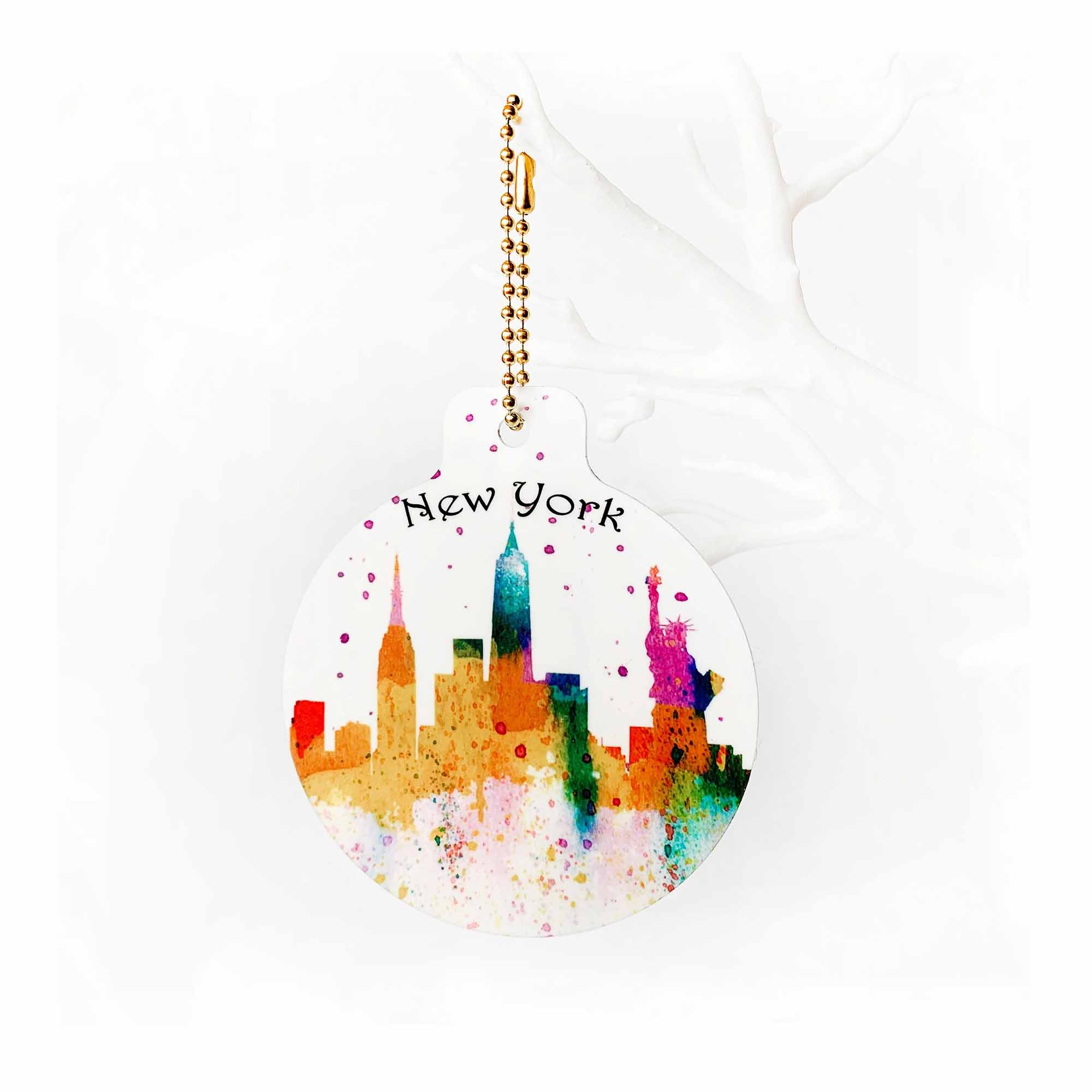 New York Christmas Bauble Metal green watercolour of NY Skyline - Images On New York Christmas Bauble Metal green watercolour of NY Skyline, New York metal Christmas bauble, watercolour paintings of New York, Empire State Building, Statue of Liberty, New York skyline, Manhattan, New York artwork, New York painting, Louisa E. Taylor, Trump, USA