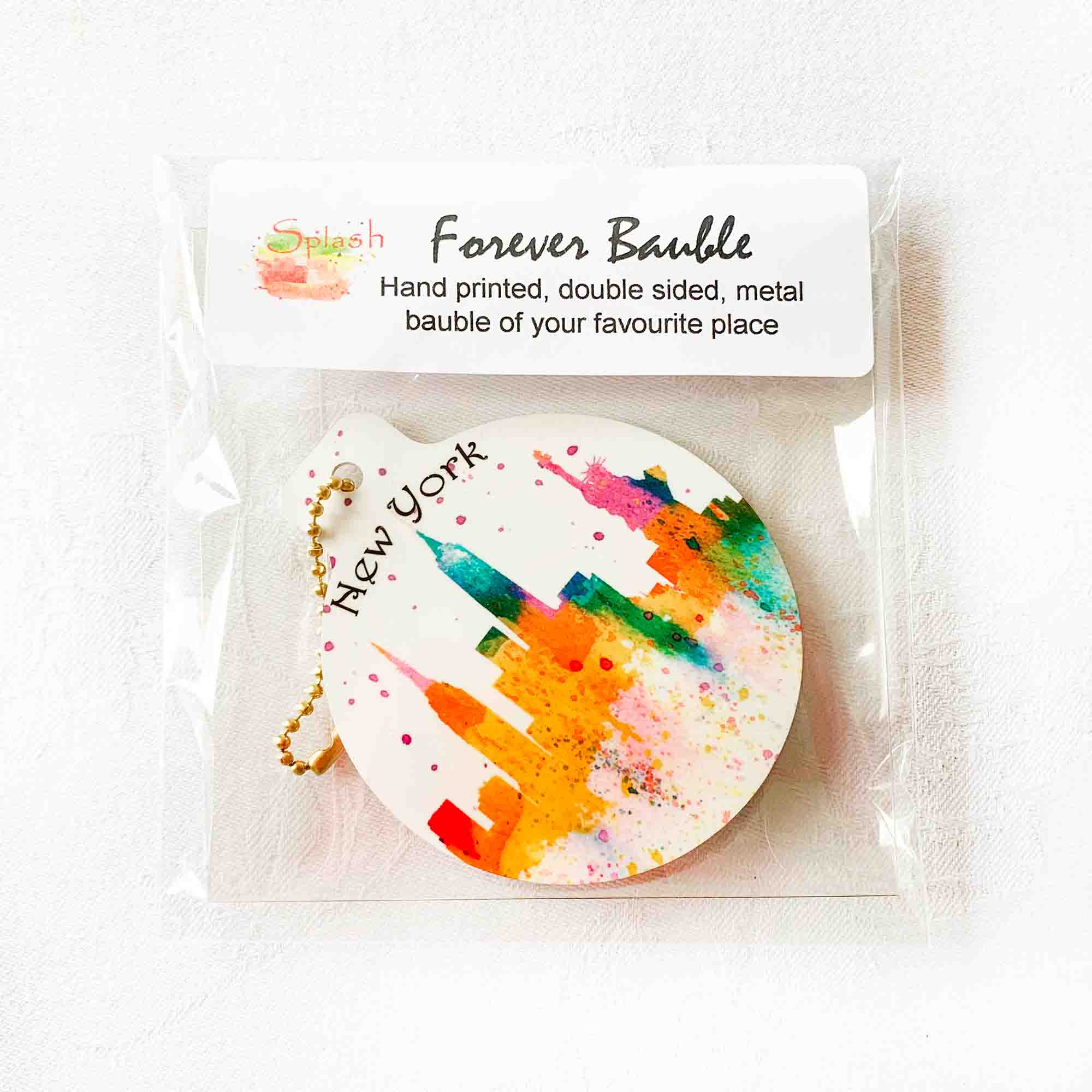 new york metal christmas bauble packet - Images On New York Christmas Bauble Metal green watercolour of NY Skyline, New York metal Christmas bauble, watercolour paintings of New York, Empire State Building, Statue of Liberty, New York skyline, Manhattan, New York artwork, New York painting, Louisa E. Taylor, Trump, USA