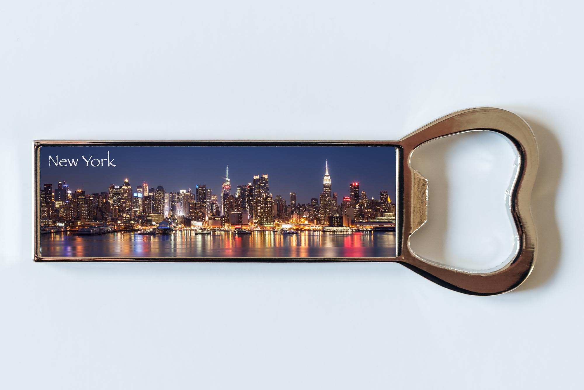 New York New Yorker bottle opener fridge magnet - Images On New Yorker bottle opener fridge magnet, Metal New York bottle opener fridge magnet, New Yorker Building, Empire State Building, Manhattan at Night photograph, Hudson River, Manhattan, New York, Trump, USA