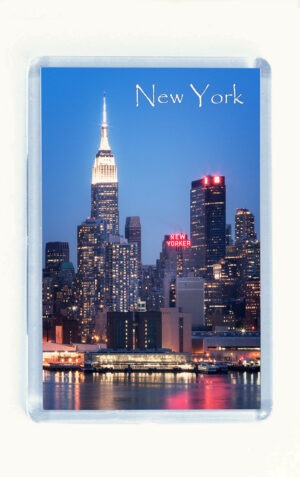 New Yorker Fridge Magnet, Vertical plastic New York fridge magnet of the New Yorker building, Empire State Building, Manhattan, Nightttime photograph of Empire State Building, Trump, USA