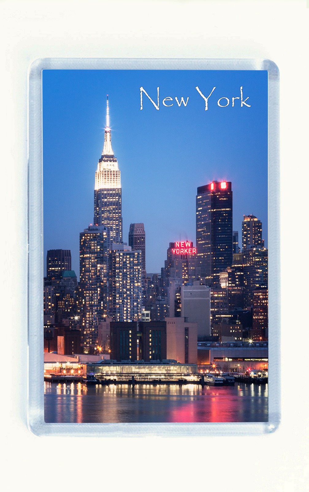 New Yorker Fridge Magnet - Images On New Yorker Fridge Magnet, Vertical plastic New York fridge magnet of the New Yorker building, Empire State Building, Manhattan, Nightttime photograph of Empire State Building, Trump, USA