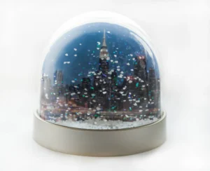 New Yorker snow globe, New York plastic snow globe, New Yorker Building, Empire State Building, Manhattan at Night photograph, Hudson River, Manhattan, New York, Trump, USA
