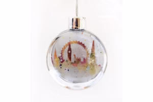 London Christmas Bauble, Big Ben, London Eye, Shard, London Splash design, Louisa E. Taylor, London Eye, Houses of Parliament, Big Ben, Tower Bridge, Watercolour painting, Christmas decoration, London gift product, double sided Christmas Bauble