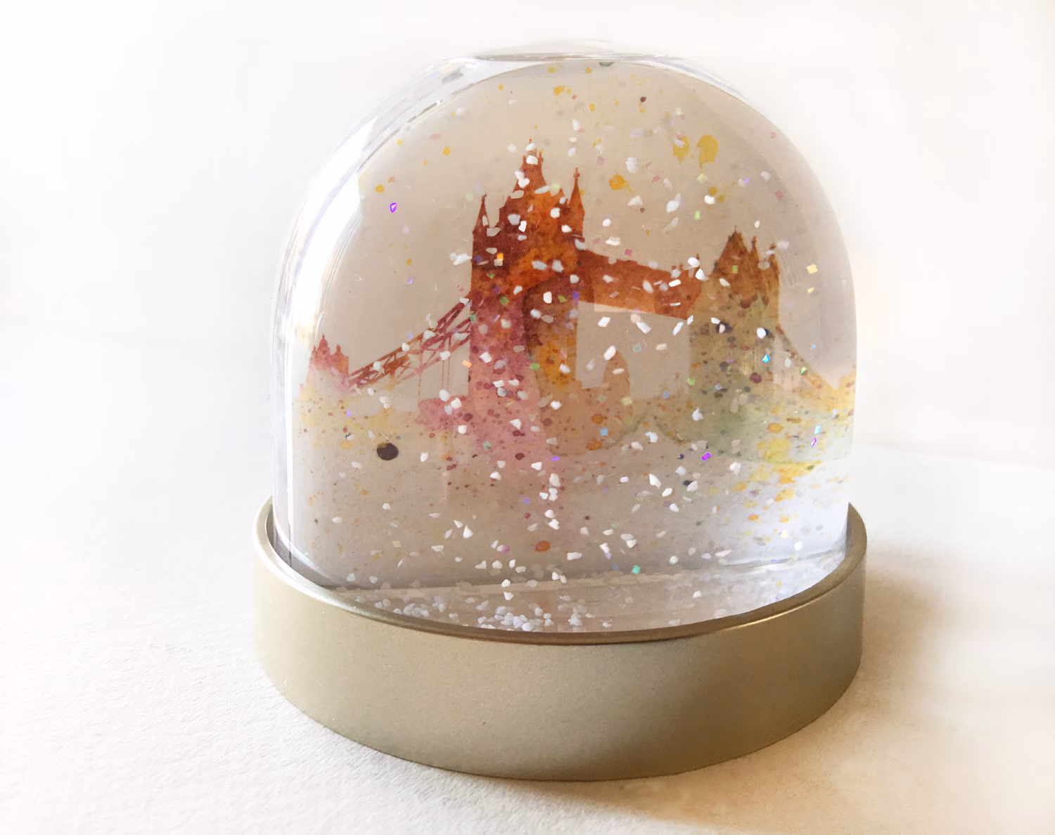 London Snow Globe, Tower Bridge - Images On London Snow Globe, Tower Bridge, London Splash design, Louisa E. Taylor, London Eye, Houses of Parliament, Big Ben, Tower Bridge, Watercolour painting, Christmas decoration, London gift product, double sided snow globe