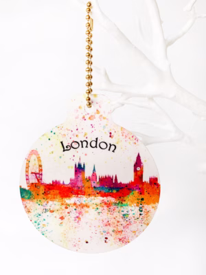London Metal Christmas Bauble big ben, London eye, parliament, London Splash design, Louisa E. Taylor, London Eye, Houses of Parliament, Big Ben, Watercolour painting, Christmas decoration, London gift product, double sided metal Christmas bauble